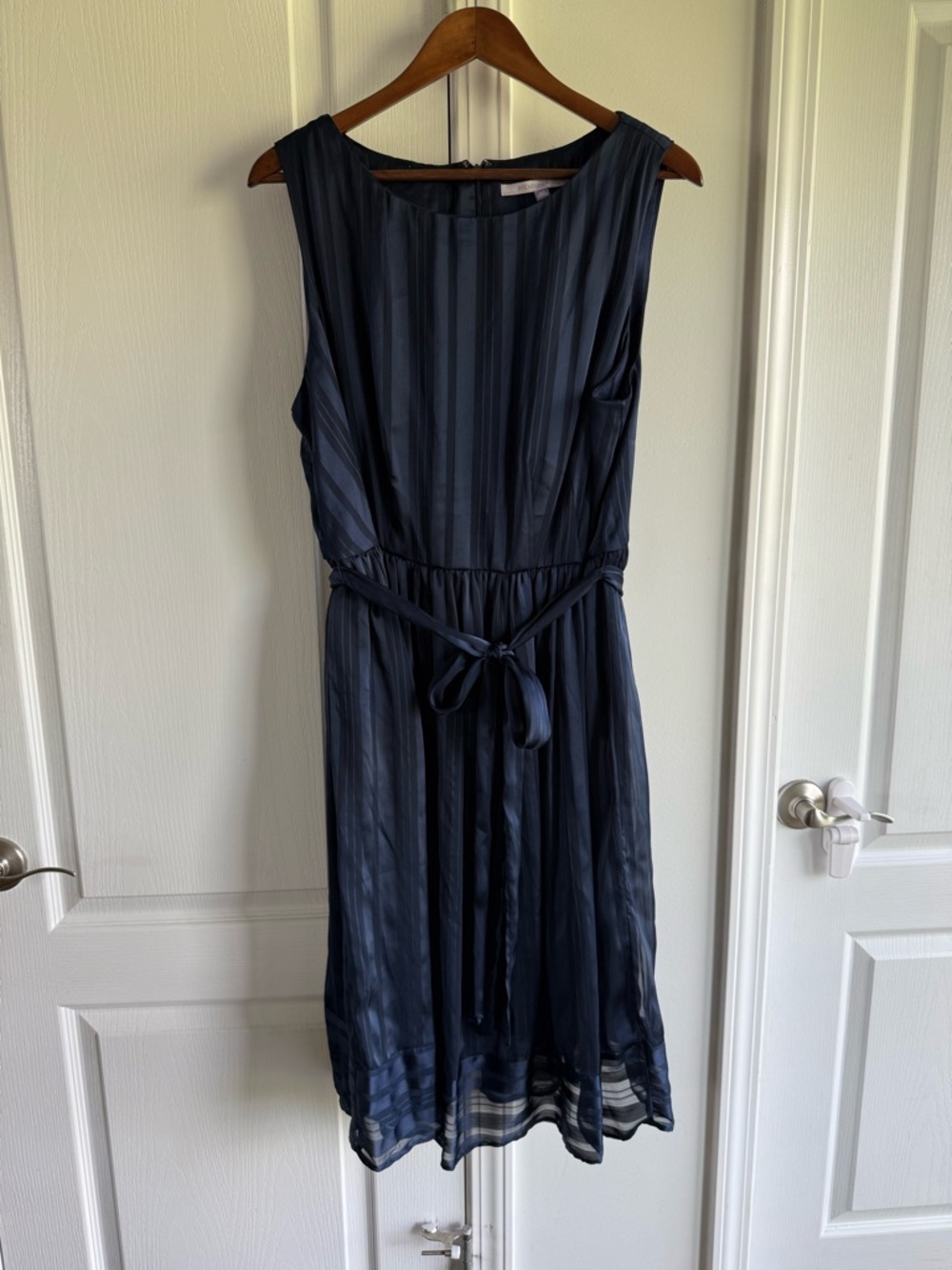 Carmen Marc Valvo Navy Striped Midi Dress with Tie Waist